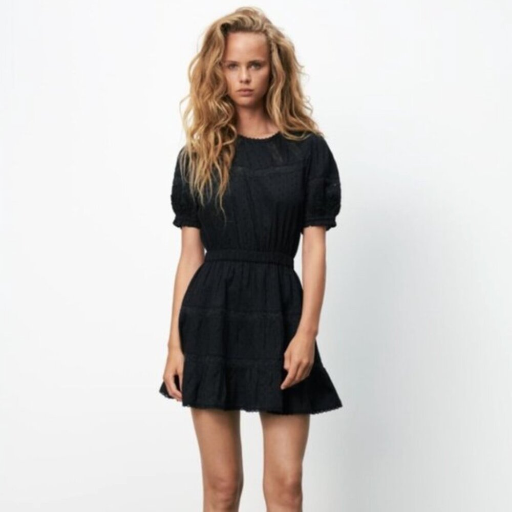 Zara Short Sleeve Eyelet Black Mini Dress Lace Ruffle L